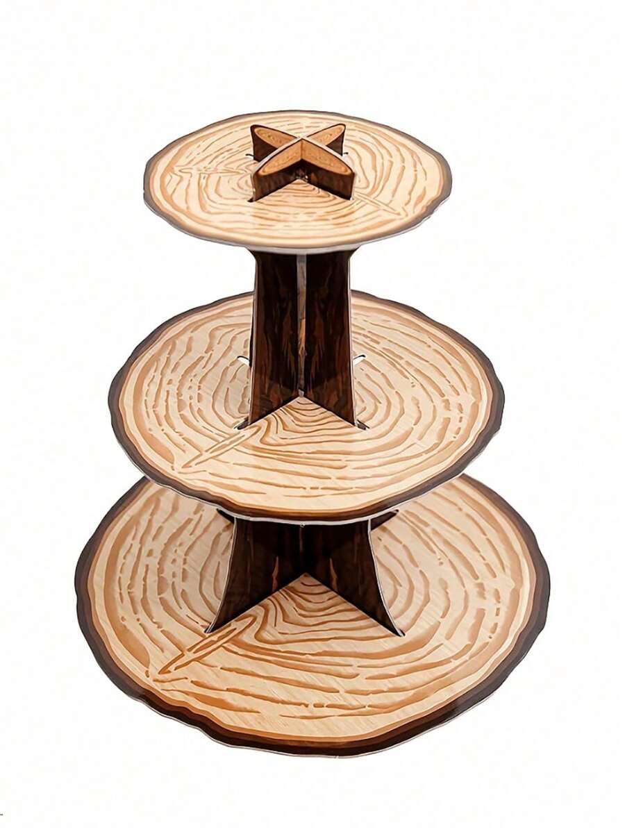 1 Piece Wood Grain Rustic Style Decorative Cake Stand, Cake Stand Multi-Tier Cake Tray, Suitable For Party Birthday, Wedding Halloween Festival Table DIY Cake Decoration Party Supplies Cake Decoration, Food Tray - Multicolor - View 1