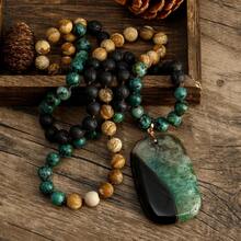 1pc 2025 New Bohemian Style Jewelry, Green & Black Natural Stone Beaded Handmade Knotted Long Necklace/Sweater Chain, Square Black & Green Agate Pendant, Women's Holiday Gift. Natural Stone Handmade, Shape & Color May Vary, Pattern & Color Placement Random