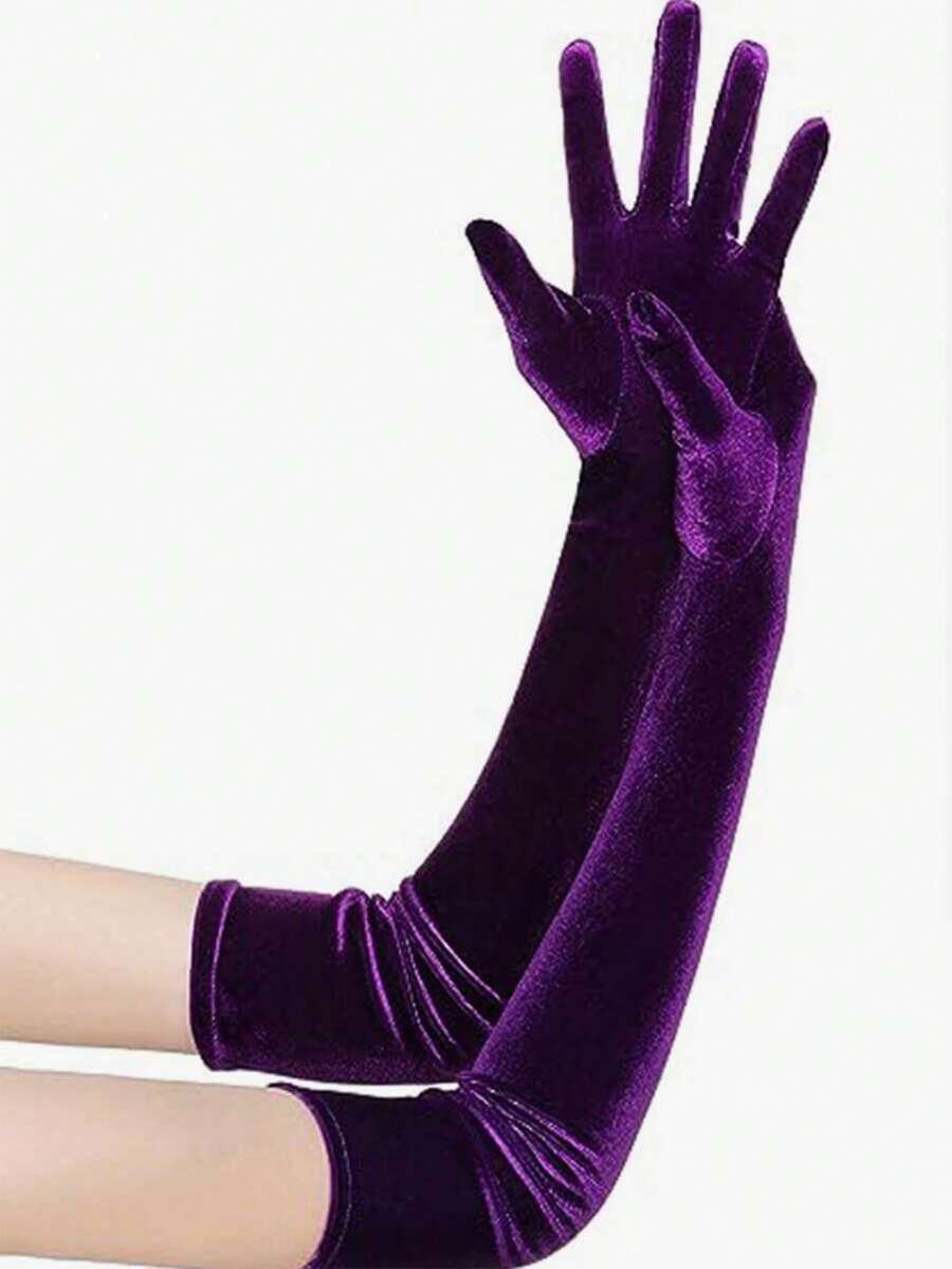 1 Pair Women's Black Velvet Gloves, Sexy For Evening Party And Ball - Purple - View 1