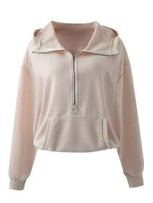 Women's Sports Zipper Drawstring Long Sleeved Top With Hat, Casual And Fashionable