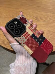 WeiMi 1pc Fashionable Retro Cute Plaid Floral Patchwork Vertical Faux Leather Texture Protective Soft Phone Case Compatible With Iphone And 16/16PLUS/16PRO/16PROMAX - Multicolor - View 5