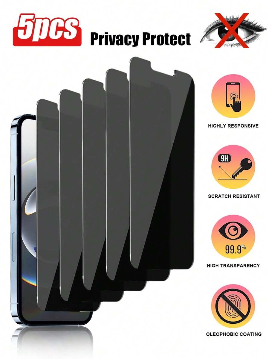 5pcs Anti-Spy Tempered Glass Screen Protector Compatible With Apple Devices, Anti-Peeping, Anti-Scratch, Anti-Collision, Compatible With Iphone X/XR/11/12/13/14/15/16/16 Plus/16 Pro/16 Pro Max/17/17 Air/17 Pro/17 Pro Max Series Screen Protection Essentials, Applicable To Daily Shield, Office, Home Privacy Screen Protector Phone Screen Protector Phone Accessories Waterproof Shockproof Anti-Fall Scratch Resistant