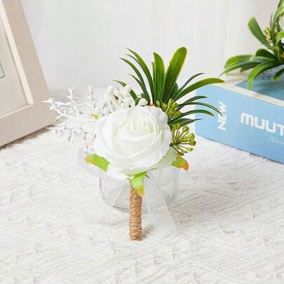 5pcs White Rose Corsage, Elegant European Style White Rose Corsage For Wedding And Party Decoration, Romantic Artificial White Rose, Elegant Wedding Supplies, Unique Party Decoration And Accessories, Suitable For Bride, Bridesmaid, Gentleman, Groom, White Rose Wedding Flower Accessories, Ball Gown Decor