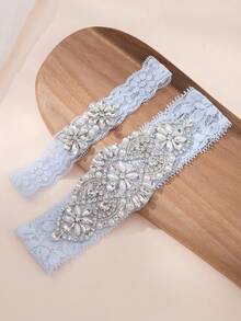 2 chiếc Garter co giãn ren pha lê và ngọc trai phong cách sang trọng dành cho cô dâu, trang trí chân cô dâu độc đáo theo phong cách Châu Âu và Mỹ - Màu xanh nhạt - Xem 4