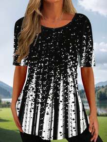 New Lightweight Elegant Women Print Dotted Snow Scene Pattern Casual Short Sleeve T-Shirt, Versatile For Vacation, Work, Travel, Summer