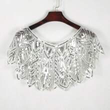 1pc 1920s Elegant Vintage Sequin Shawl, Embroidered Lace Trim Cape Cloak, Beaded Sequin Evening Gown Bolero, Street Style Vest Outfit, Nightclub Shiny Capelet, Breathable Women Open Front Party Formal Dress Accessory - Leaf Type - View 12