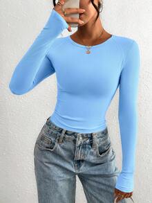 PRETTYGARDEN Women Spring And Fall Long Sleeve Shirts Clothes Cute Going Out Tops Ribbed Tight Fitted Plain Basic Tee Tshirts Vacation Outfits For Women - 淺藍 - 查看 1