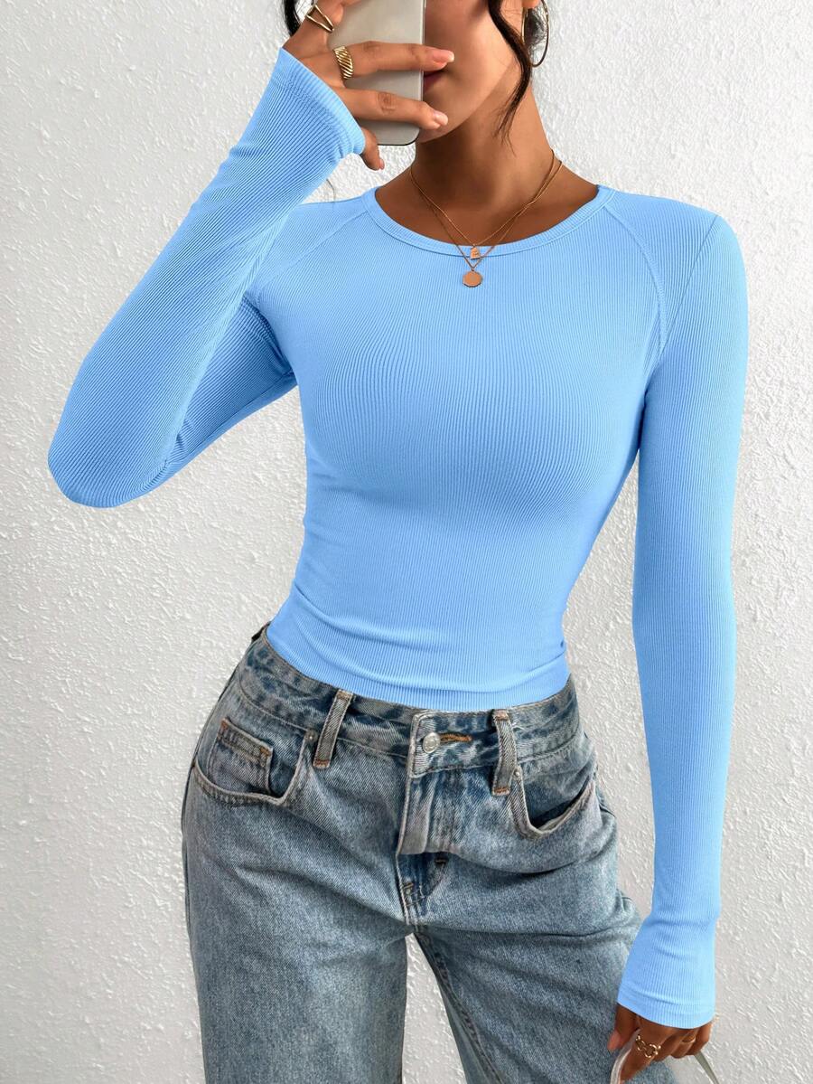 PRETTYGARDEN Women Spring And Fall Long Sleeve Shirts Clothes Cute Going Out Tops Ribbed Tight Fitted Plain Basic Tee Tshirts Vacation Outfits For Women - 淺藍 - 查看 1