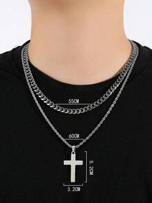 2pcs Set Of Men's Rhinestone-Decorated Cuban Twist Chain Necklace With Cross Pendant, Fashionable And Versatile Accessory For Men And Women, Perfect For Holiday Gifts