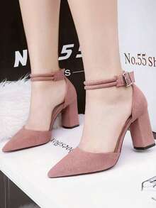 Tacones de mujer elegantes y retro vacuno con punta afilada: Sandalias de tacón grueso versátiles con cinta simple y hebilla cuadrada en tobillo, ideales para fiestas casuales con suela gruesa. Combina perfectamente con vestidos de fiesta y vestidos, aptos para trabajo, citas, bodas, Navidad, fiestas y graduaciones - Rosa - Ver 3