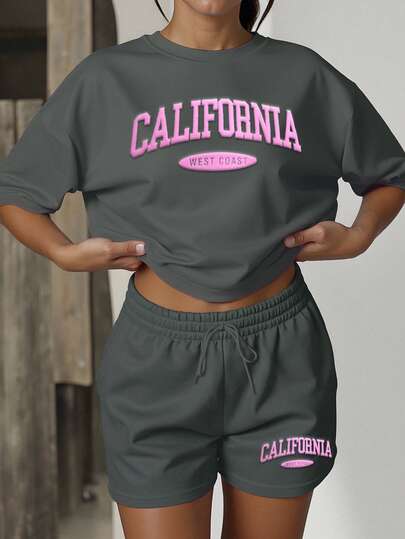 HESSEN 2pcs/Set Plus Size Women's Casual Fashion Minimalist Basic Versatile Solid Color Letter Print Graphic Sweatsuit, Round Neck Short Sleeve T-Shirt With Drawstring Pocket Shorts Set, Women's Dark Grey California Letter Print Set