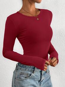 PRETTYGARDEN Women Spring And Fall Long Sleeve Shirts Clothes Cute Going Out Tops Ribbed Tight Fitted Plain Basic Tee Tshirts Vacation Outfits For Women - 紅色 - 查看 5