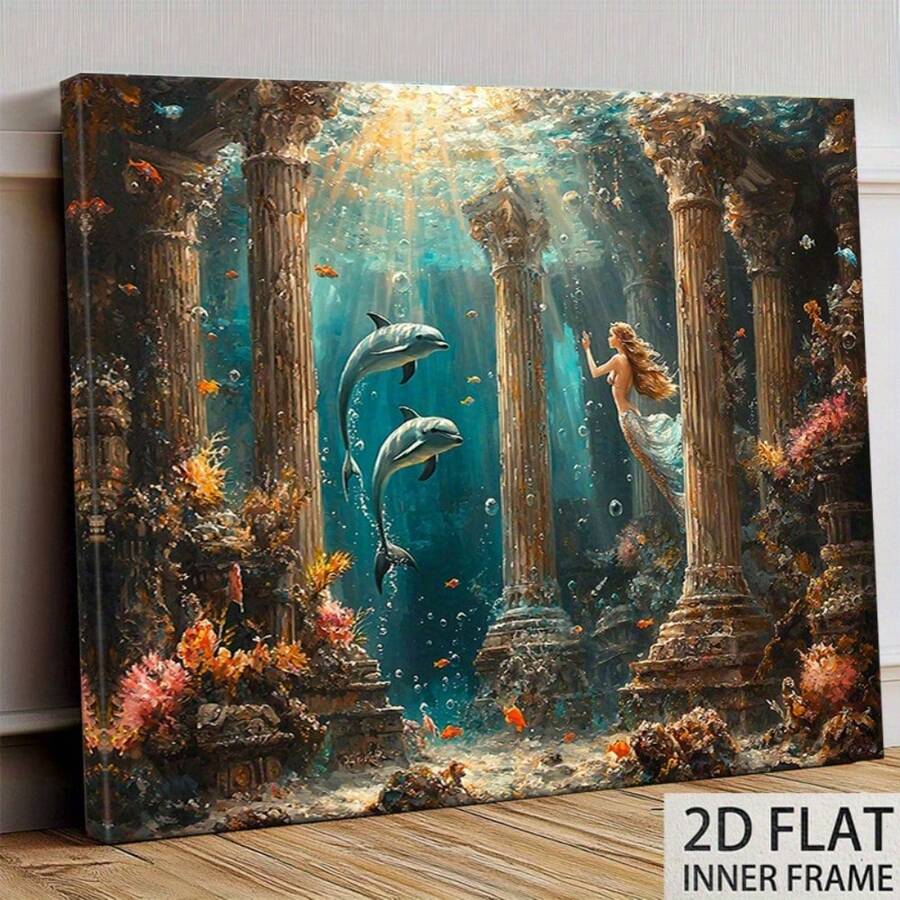 1pc, Enchanting Underwater Ancient Ruins Canvas Wall Art, Mystical Mermaid & Dolphins Ocean Deep Sea Fantasy Landscape Print For Home Decor, Perfect For Living Room Bedroom Bathroom Office Wall Decoration - Nhiều màu - Xem 1