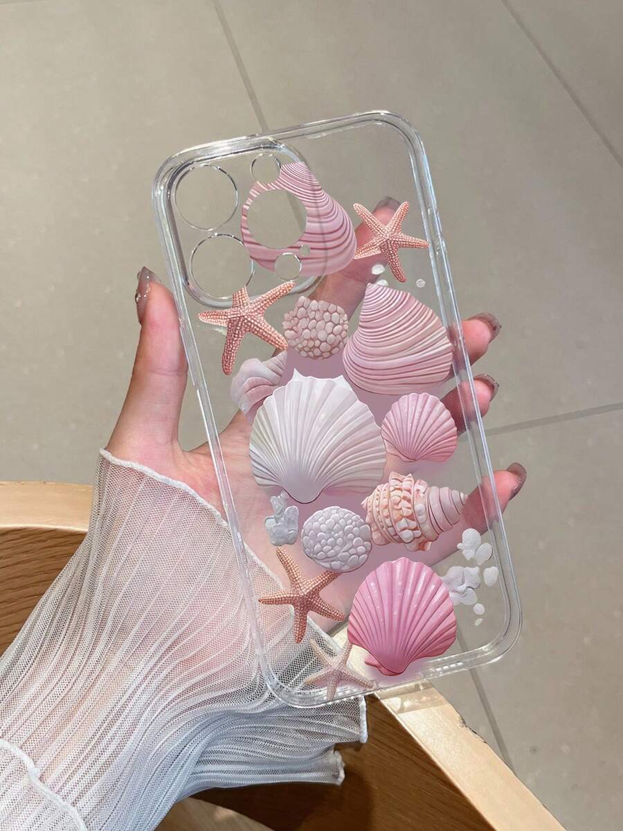 1pc Pink Shell Themed Transparent TPU Phone Case - Multicolor - View 1