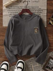 1pc Tween Girl Casual Printed Long Sleeve T-Shirt, Comfortable And Fashionable Layering Piece For Young Students, Spring/Autumn/Winter - Dark Grey - View 4