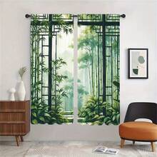 2D Flat 2Pcs Bamboo Forest Curtain Panels, Asian Zen Garden Inspired Design, Rod Pocket Drapes, Light Filtering Semi-Sheer Window Treatment For Living Room Bedroom Kitchen, Tropical Botanical Nature Style Decor, Machine Washable Fade Resistant Tree Green Curtains Oriental Japanese Leaves Digital Print Home - Nhiều màu - Xem 4