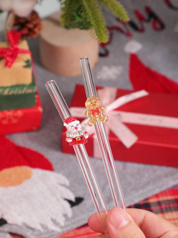 1-5PCS Cute Festive Christmas Glass Straws (Reindeer, Bow, Gingerbread Man & Santa),Reusable Drinkware For Holiday Parties & Cold Drinks,Ideal For Beach Parties, Outdoor Picnics, Dessert Shops, Snack Bars, Party Supplies, Family Gatherings, Kid-Friendly Parties,Lead - Free & Festive, Perfect Gift For Christmas.