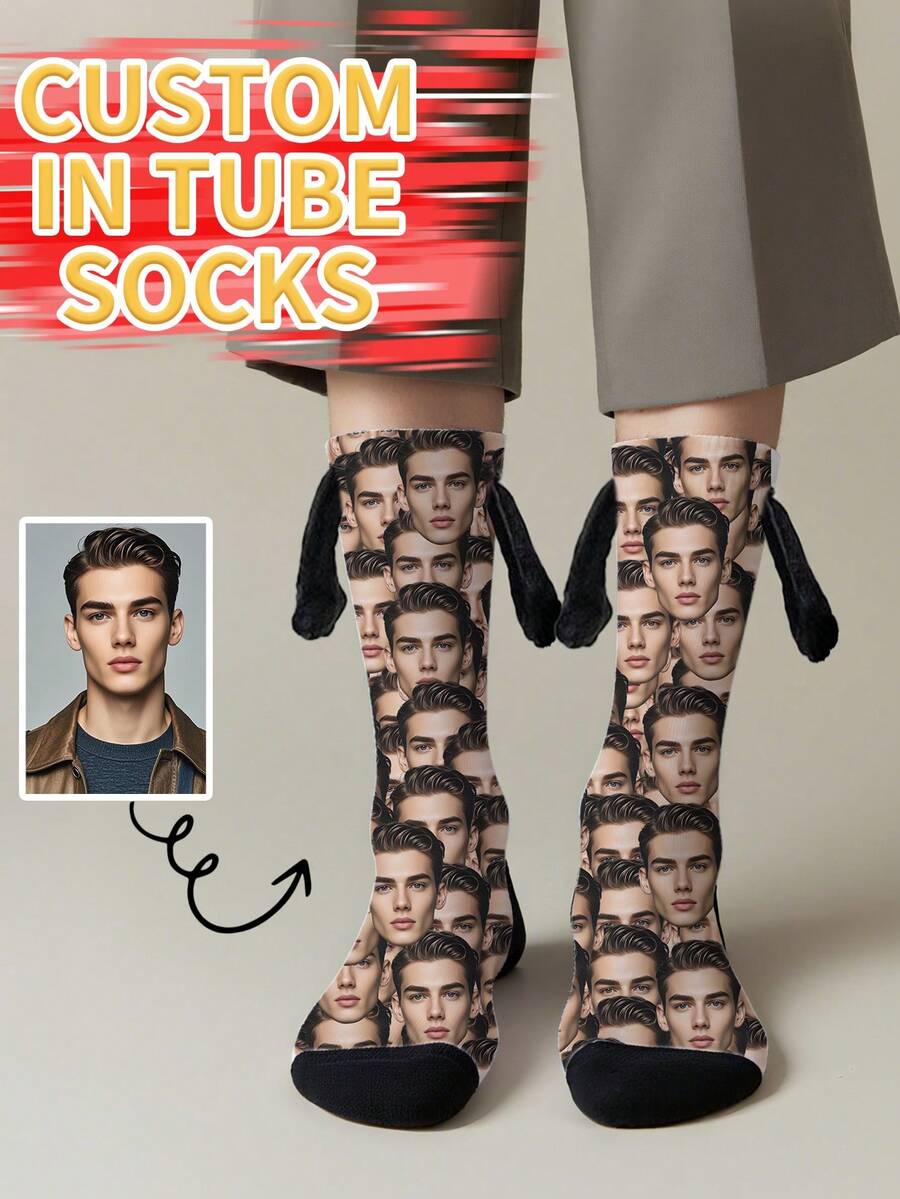 Face Socks 1 Pair Of Customized Face Men's Holding Hands Series Medium Socks, Put Any Face On The Socks, Personalized Socks With Photos, Interesting Customized Pictures With Medium Stockings, Suitable For Valentine's Day, Birthday, Gift Giving And Other Occasions, Personalized - Multicolor - View 1