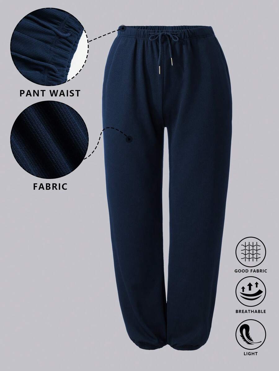 大码女式抽绳腰带口袋慢跑裤，适合健身、跑步、户外、休闲穿着 - 藏蓝色 - 查看 1