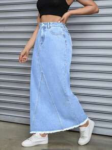 女式修身中长款无弹力牛仔裙，开叉下摆细节和口袋设计 - 适合春、夏、秋、冬的休闲中长款牛仔裙 - 淺色水洗藍 - 查看 3