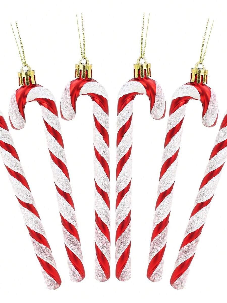12 件 5.5 英寸闪亮红色拐杖糖圣诞树挂饰，塑料拐杖糖挂饰，适合圣诞节家居装饰和礼物 - 紅色 - 查看 1