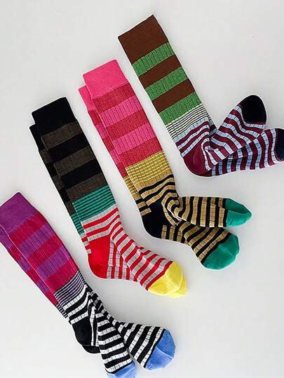 1 Pair Women's Thigh High Socks With 2 Stripes, Breathable And Fashionable For Daily Wear And Parties