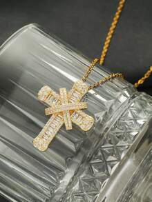 1pc European & American Hip-Hop Style Micro-Inlaid Zirconia Cross Pendant Necklace, Suitable For Women's Hip-Hop Parties, Daily Commute Wear - Gold - View 2
