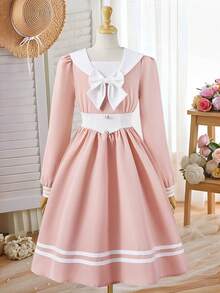 Girls' Sailor Collar Bowknot Sweet School Style Long Dress, Spring/Autumn