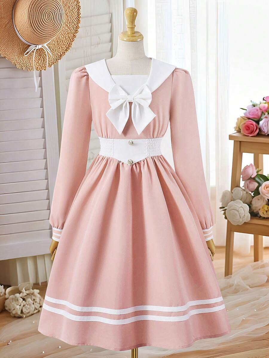 Girls' Sailor Collar Bowknot Sweet School Style Long Dress, Spring/Autumn