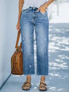 Comfortable Loose Fit Stretchy Distressed Frayed Hem Straight Leg Jeans, Women Street Style Washed Blue Denim Pants