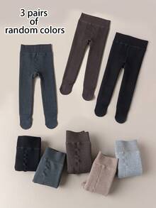 1pc Children's Thick Ribbed Solid Color Tights, Thermal Lined, Autumn/Winter - Multicolor - View 11