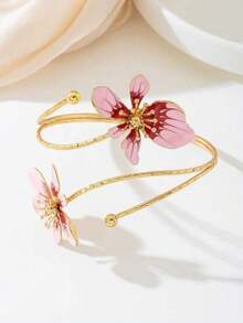 1pc Iron Alloy Double-Enamel Glazed Floral Open Bangle, Minimalist And Elegant Design, Suitable Mother's Day, Parties, And Everyday Wear ERDT - Vàng - Xem 6