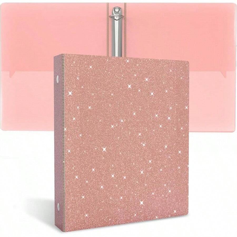 Carpeta de 3 anillos, organizador con purpurina de 1 pulgada, tamaño carta, 8.5 x 11 pulgadas, carpeta impermeable de moda, bonita para suministros escolares de oficina (oro rosa) - Oro rosa - Ver 1