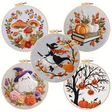 1 Set New Halloween Witch, Ghost, Mushroom, Pumpkin Pattern DIY Embroidery Kit, Includes Needle, Thread, Embroidery Hoop, English Instructions, Suitable For Beginners - Multicolor - View 1