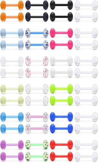 Prjndjw 48Pcs 14G 16mm 14MM Glow In Dark Tongue Nipple Ring Plastic Flexible Acrylic Straight Barbell Body Piercing Jewelry For Women Men Tongue NIppie Piercings