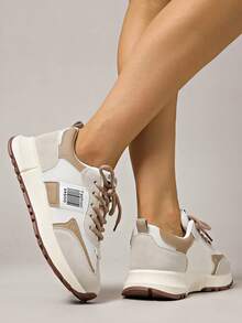 2024 New Women Thick Sole Mesh Sneakers, Colorblock Fashion Chunky Sneakers, Flat Versatile Beige Casual Shoes, All Season - Khaki - View 3