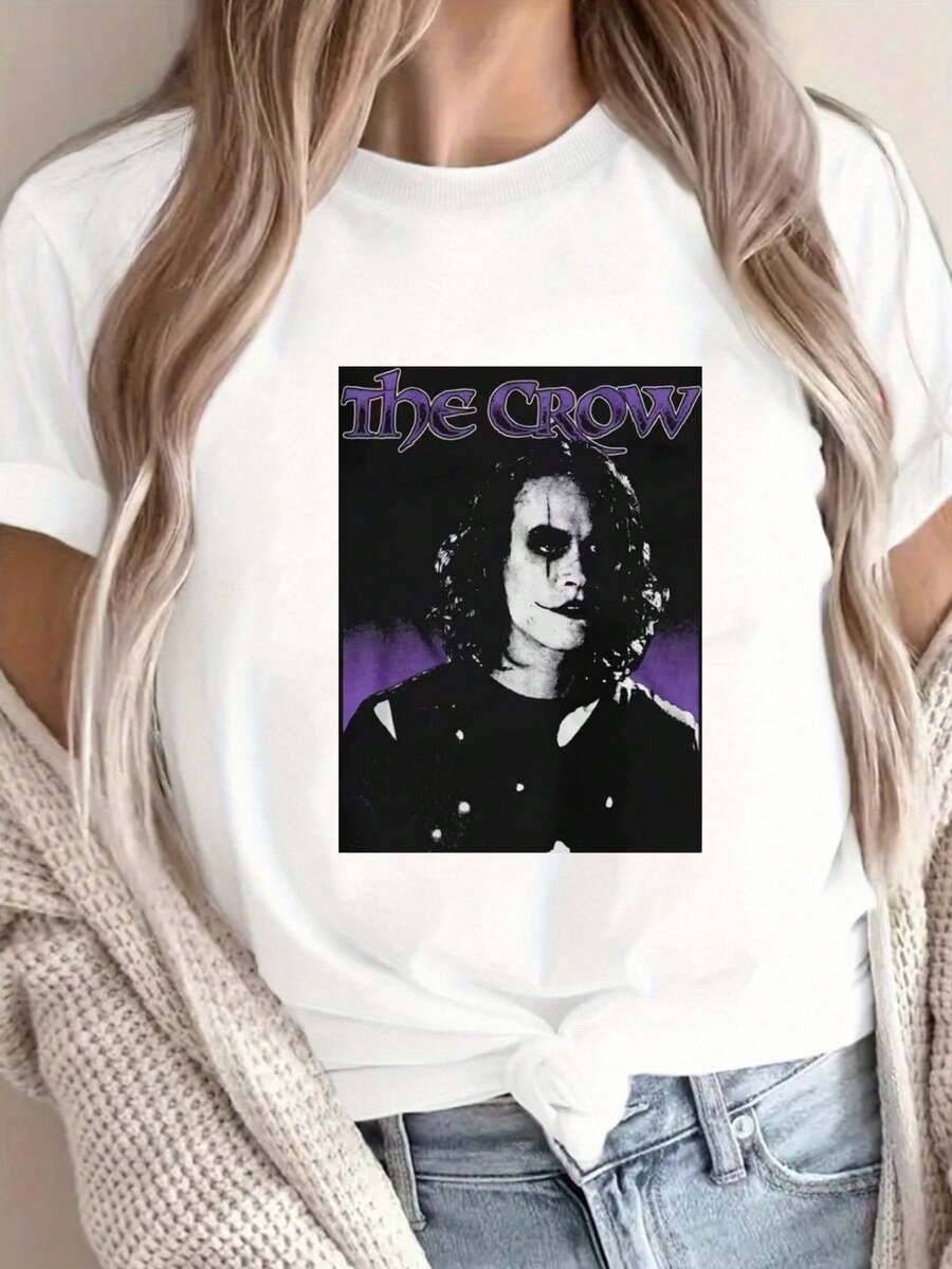 Dark Style Crow Movie Character Pattern Fashion Print T-Shirt ,Women's 220g New Summer Casual Crew Neck Heavy Pure Cotton Short-Sved T-Shirt(1PC) - 白色 - 查看 1