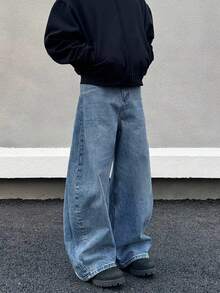 بنطلون جينز رجالي بلون أحادي مغسول بطراز Y2K، بنطلون كاجوال فضفاض بساق مستقيمة - أزرق متوسط - مشاهدة 3