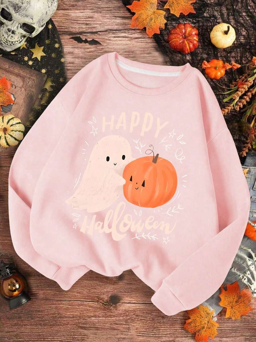 Tween Girls Halloween Style Cute Pattern Round Neck Long Sleeve Sweater Pullover Autumn Winter New