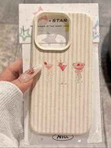 1pc Fashionable Summer Pink Striped Juice Pattern Litchi Texture TPU Waterproof Shockproof Anti-Slip Soft Phone Case Compatible With Apple/ Phones - Multicolor - View 2