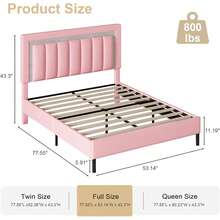 Upholstered Bed Frame With Headboard, Modern Bed Frame With Vertical Channel Tufted Headboard, PU Leather Bed Frame With Diamond Headboard, No Box Spring Needed, Easy Assembly, White/ Black/ Pink, Twin/ Full/ Queen - 粉色 - 查看 7