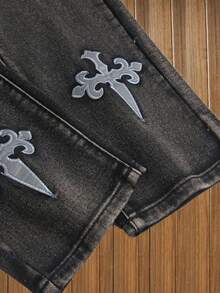 Pantalones vaqueros casuales con cintura elástica y efecto desgastado para niños - Negro - Ver 3