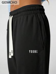 GEMCHO 女士抽绳腰宽松阔腿休闲运动裤，带口袋，针织面料略带弹性，适合休闲、跑步、慢跑、健身等各种场合，四季皆宜的长裤 - 黑色 - 查看 2