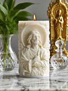 1pc Jesus Prayer Cylinder Silicone Mold (Relief Flower & Statue Design) For Candle/Epoxy Resin/Concrete Craft, Religious Decor & Christmas/Baptism Gift Making - White - View 1
