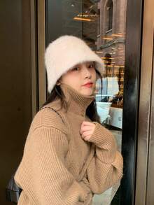 女士纯色涤纶柔软羊毛秋冬渔夫帽，白色兔毛装饰修脸简约韩版/日系风格保暖毛绒渔夫帽秋季服装 - A - 查看 9