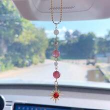 Pingente de Carro Pendurado de Sol, Acessórios de Espelho Retrovisor Boêmio Fofo Pendente de Sol Verde e Dourado, Decoração de Carro Feita à Mão com Cristais e Pedras Curativas, Presentes para Mulheres e Homens