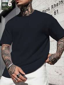 1pc 100% Cotton Graphic T-Shirt For Men's -Casual Fashion Versatile Solid Color Round Neck T-Shirt, Comfortable Fit Tops,  Suitable For All Seasons Clothes, Daily Wear, Back To School Wear, Boyfriend Gift Tops - 黑色 - 查看 3