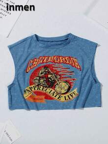 Vêtements d'été pour femmes Inmen, hauts sans manches bleus, tenues de concert, imprimé graphique, hauts Y2K pour sortir