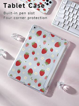 1 pieza Funda protectora para tableta con estampado de fresas y flores, compatible con iPad de 10.ª generación, iPad Air de 11 pulgadas (M3) 2025, iPad Mini 4/5/6/7 y compatible con Kindle Paperwhite de 12.ª generación 2024, modelos como Tab P11. Las cuatro esquinas de la funda protectora son a prueba de golpes, ligeras y fáciles de transportar.