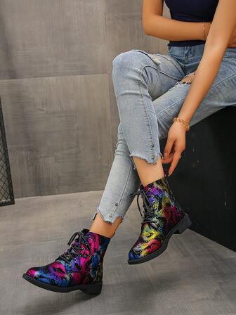 Butterfly Decor Colorful Asymmetrical Distressed Textured Short Boots & Ankle Boots, Mid-Calf, Flat, Thermal Lined, Warm, Retro, Casual Chic Boots For Middle-Aged Women, New Style, Outdoor, Party, Office, Lightweight, Elegant, Simple, Comfortable, Casual, Party, Daily, Travel, Wedding, Camping, Pride, Autumn/Winter Essential, Nightclub, Gift, Sexy, Outdoor, Retro Design, Lace-Up, Round Toe, Classic Boots, Women, Women's Shoes